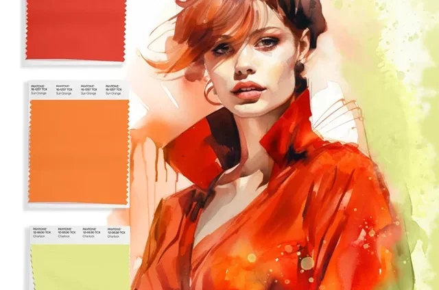 Woman in orange jacket with pantone color palettes next to her.